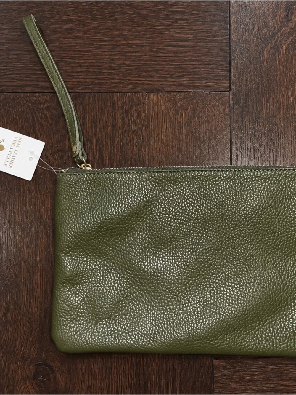 Olive Green Genuine Leather Wristlet Clutch